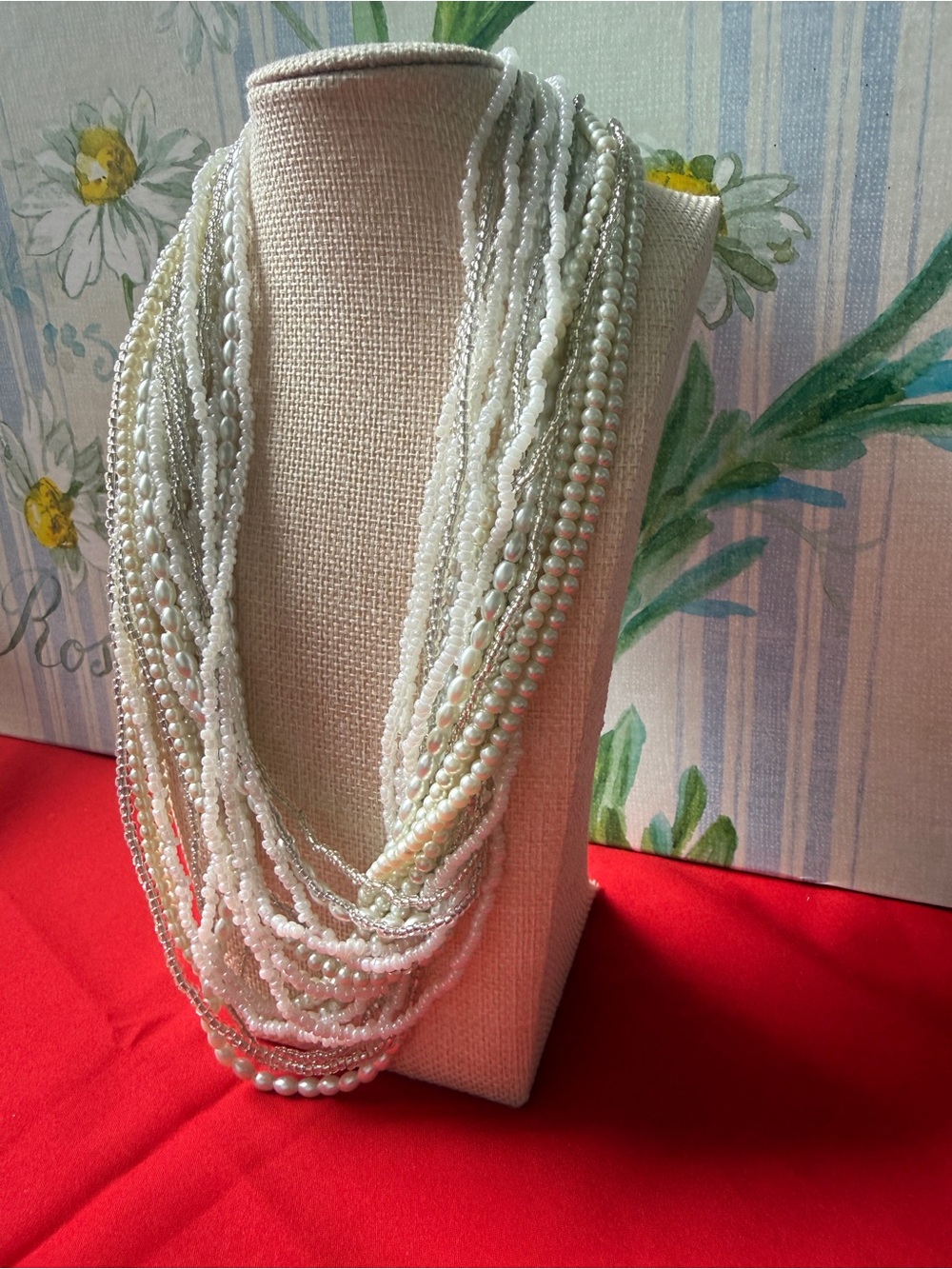 Cookie Lee vintage necklace cascading layers of seed beads, faux pearls